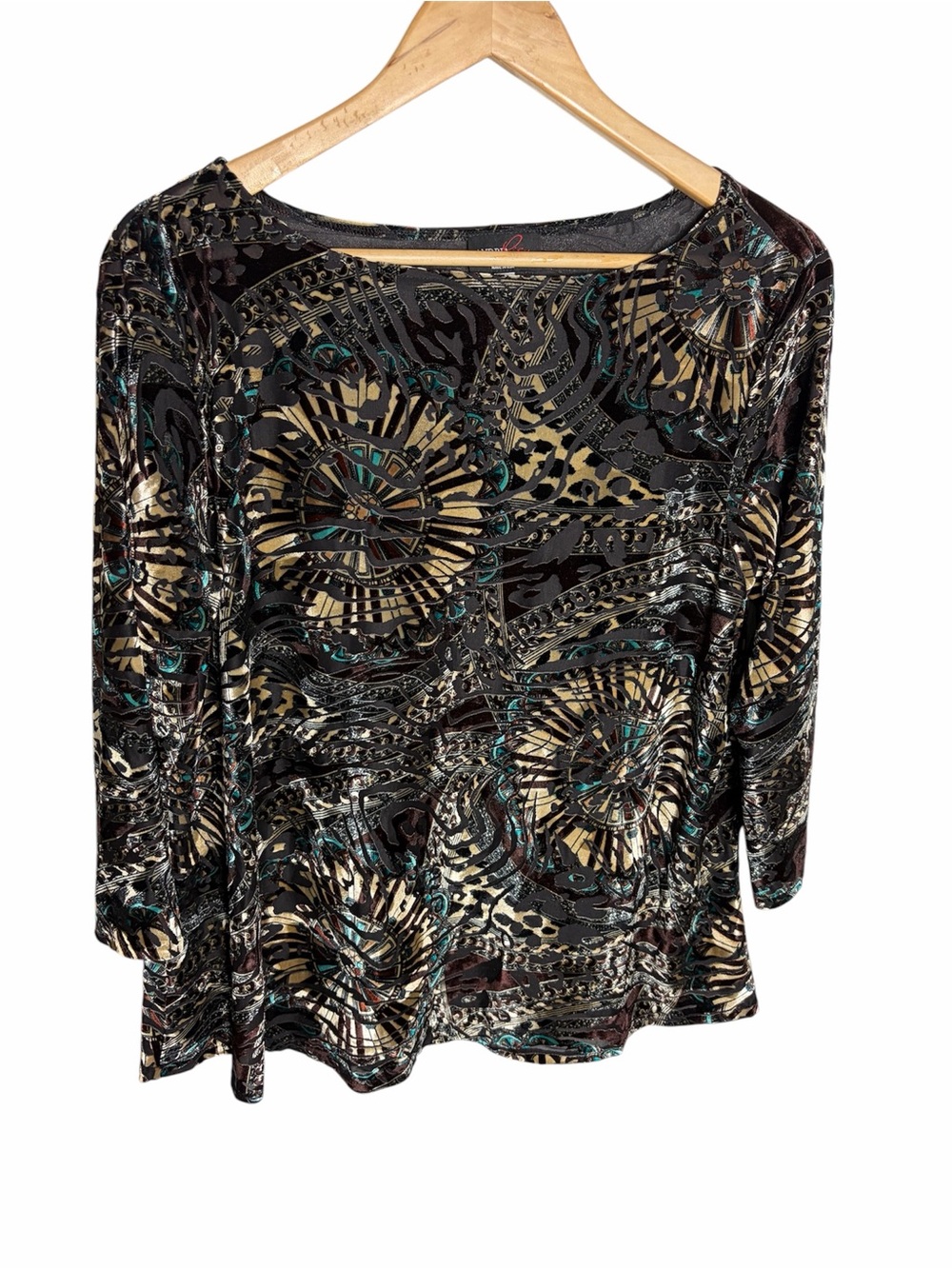 Y2K Andria Lieu tan & blue  burnout velvet abstract boatneck blouse XL